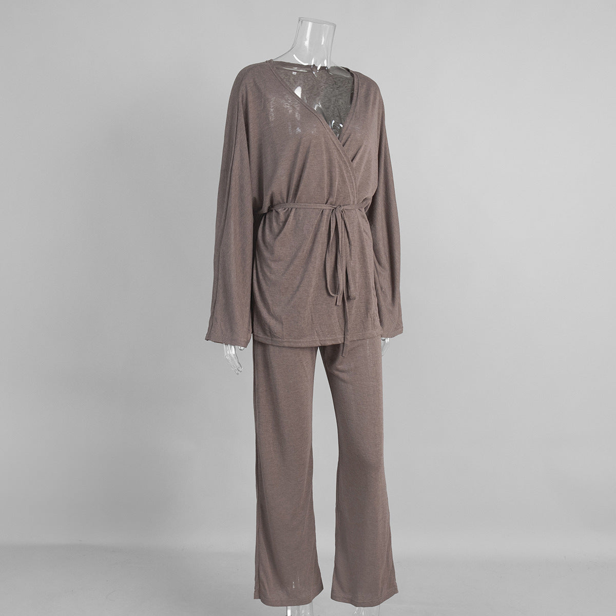 Wrap Tie Top & Wide-Leg Lounge Pants Set in Cocoa — side view on mannequin