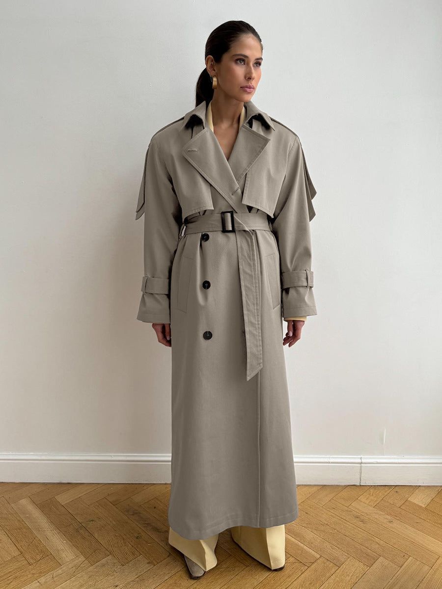 Classic Long Double-Breasted Cotton Trench Coat in Greige — full length on model