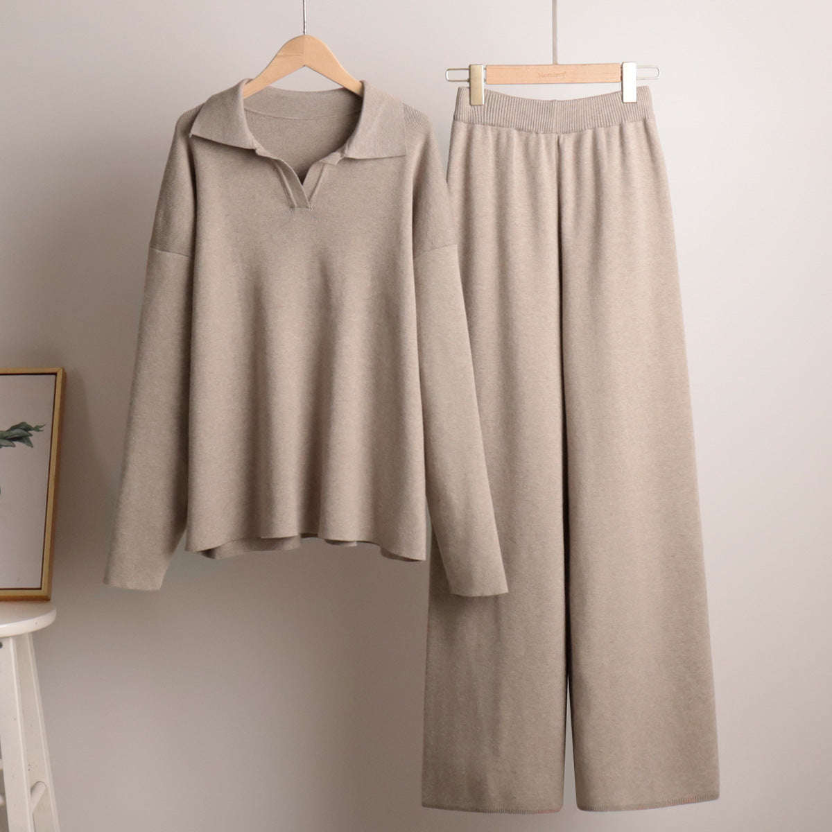 Polo Collar Knit Sweater & Wide-Leg Pants Set in Stone — front view