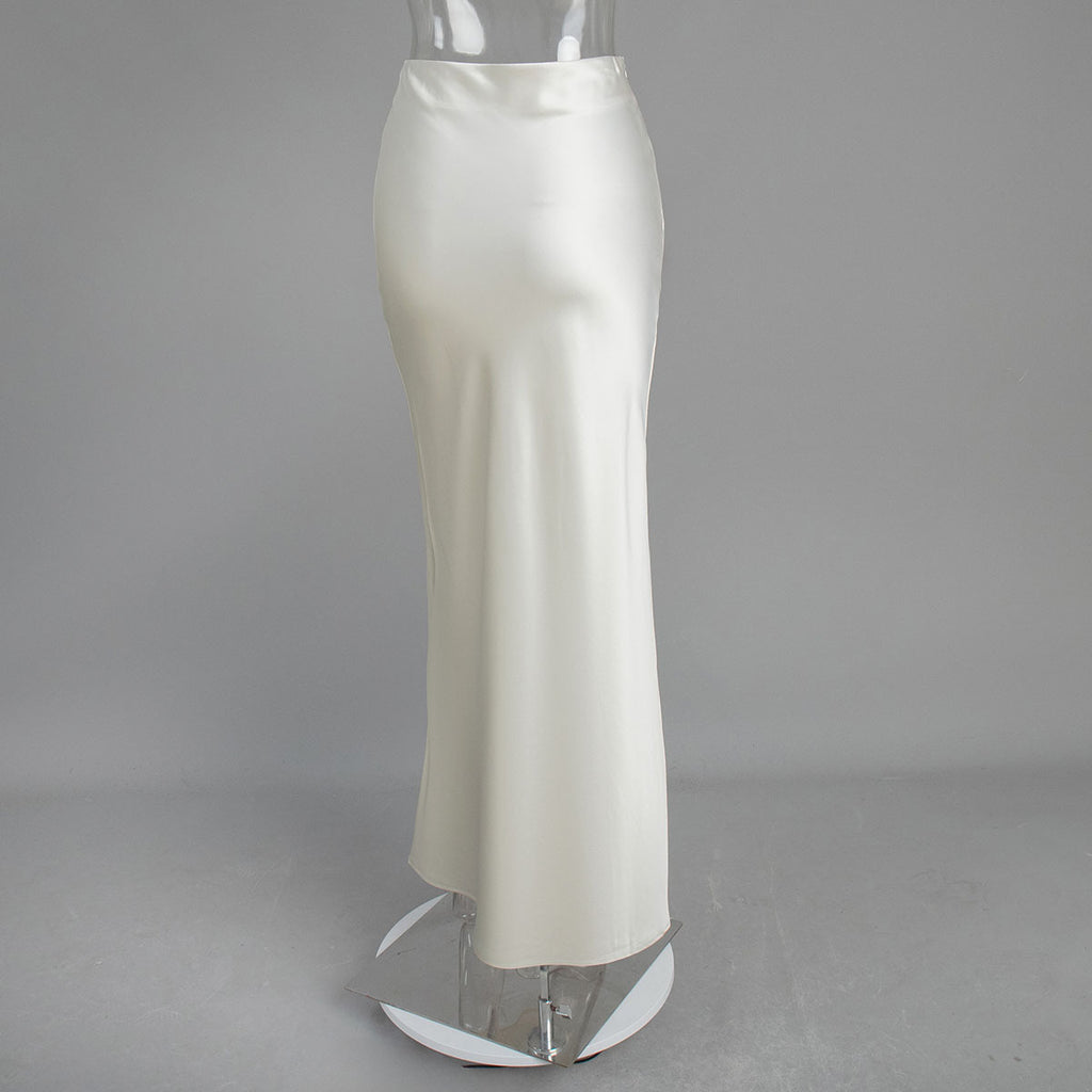 Satin Fishtail Maxi Skirt in Ivory — front view on mannequin