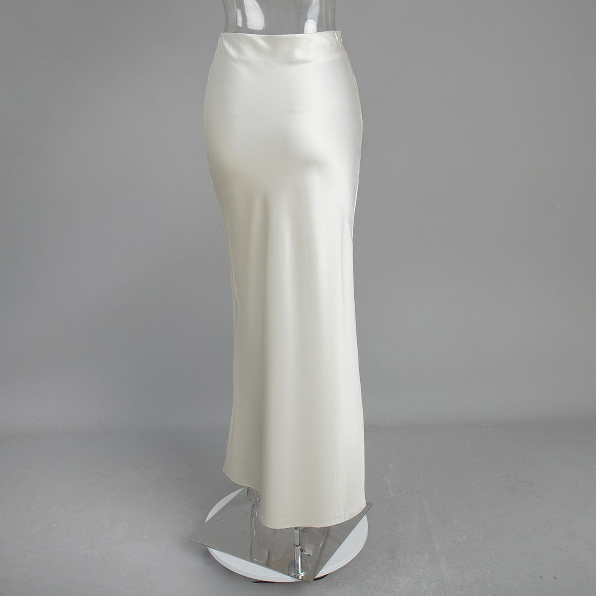 Satin Fishtail Maxi Skirt in Ivory — front view on mannequin