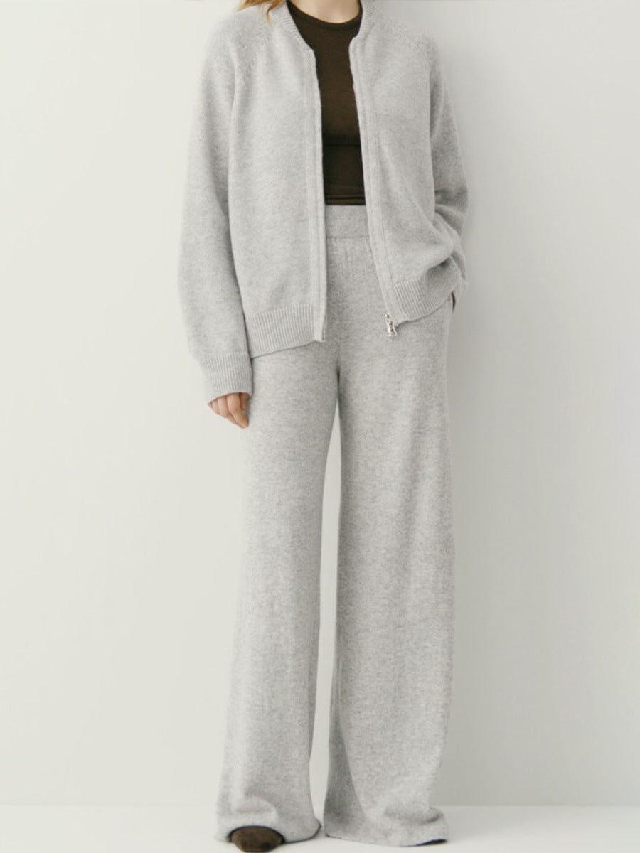 Three-Piece Knit Set: Zip-Up Cardigan, Sleeveless Top & Wide-Leg Pants in Heather Gray — full-length view on model