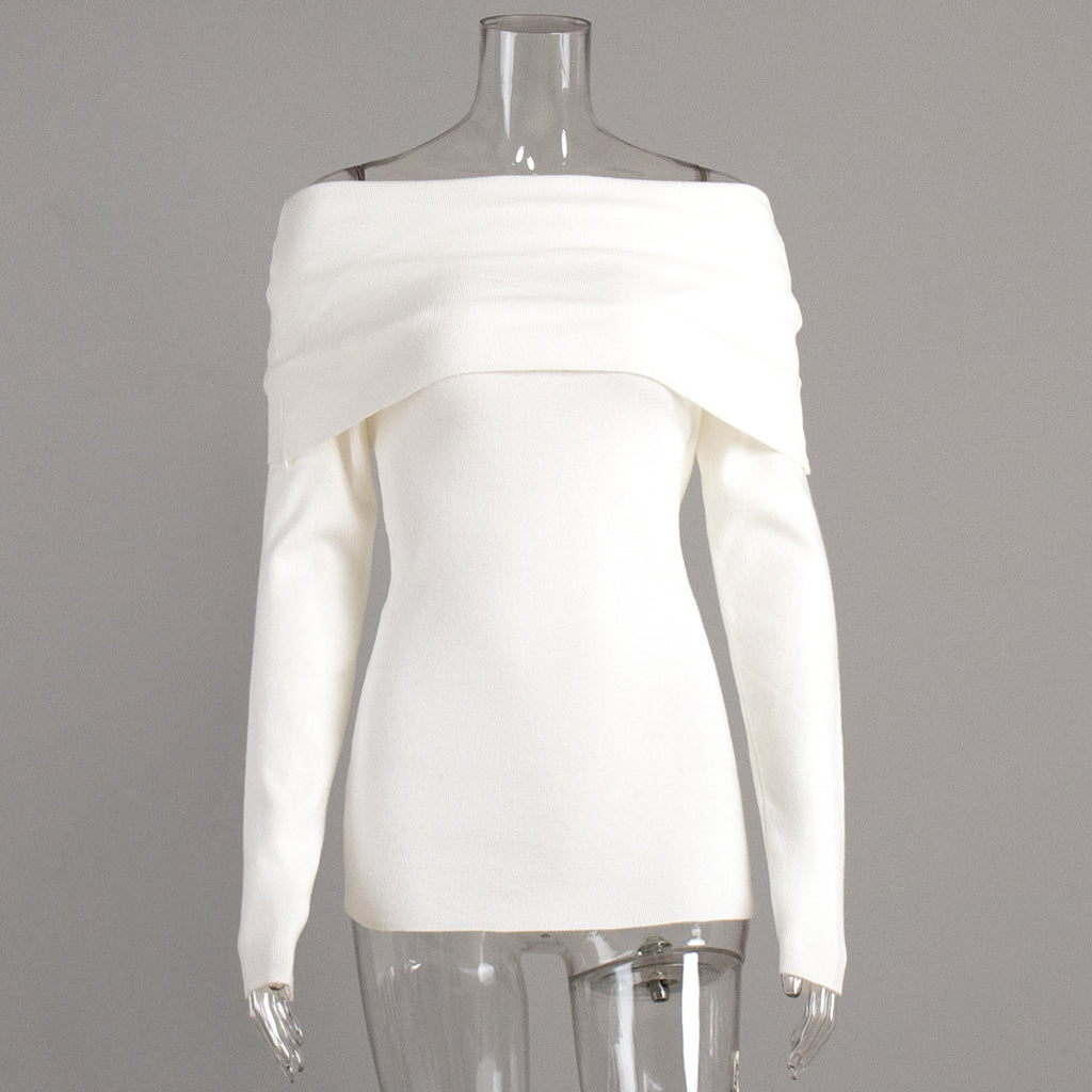 Off-Shoulder Fold-Over Knit Sweater in Ivory — front view