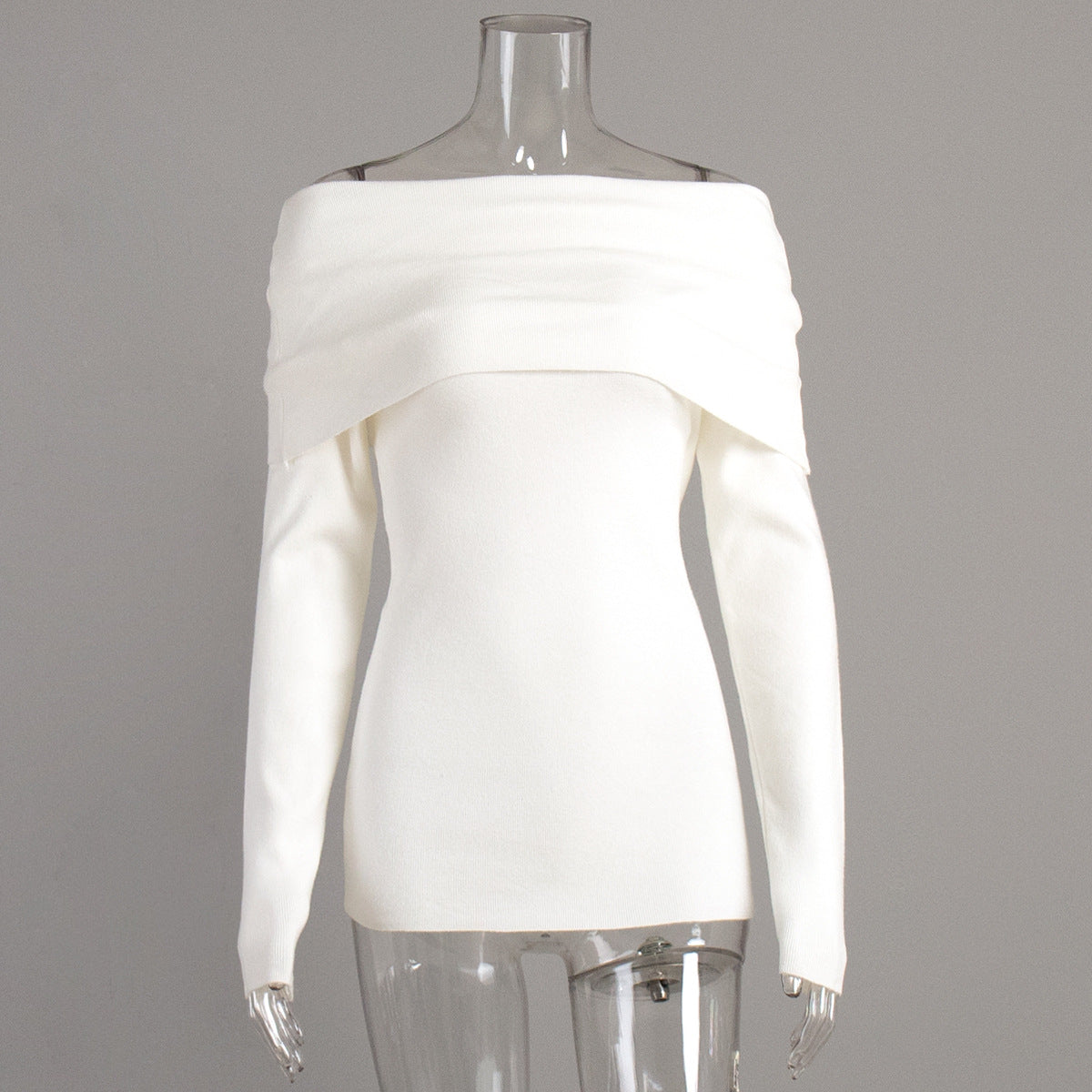 Off-Shoulder Fold-Over Knit Sweater in Ivory — front view