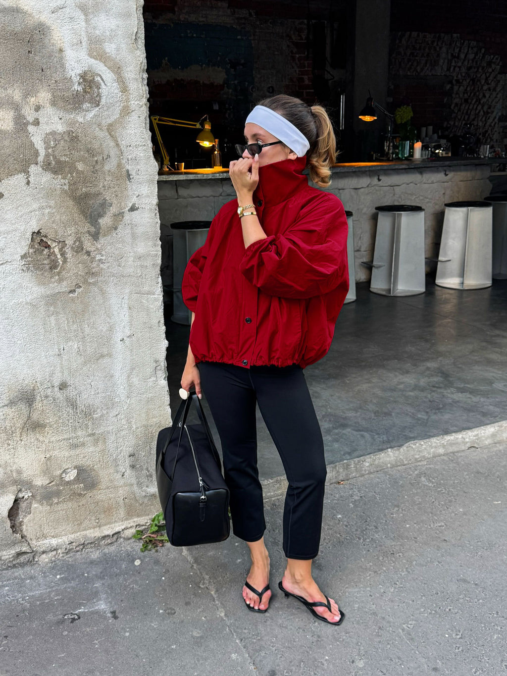 Button-Placket Stand-Collar Jacket with Elastic Cuffs in Red — full-length view on model