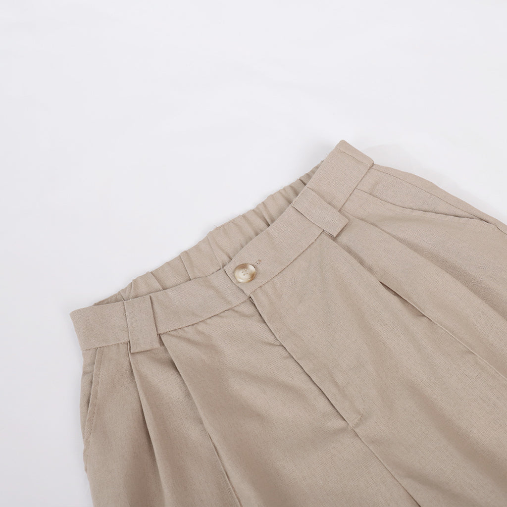 Linen-Blend Vest & Wide-Leg Pants Set in Khaki — close-up of waistband and zip
