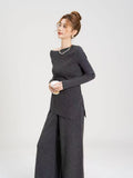 Asymmetric Off-Shoulder Rib-Knit Top & Wide-Leg Pants Set in Charcoal — front view on model