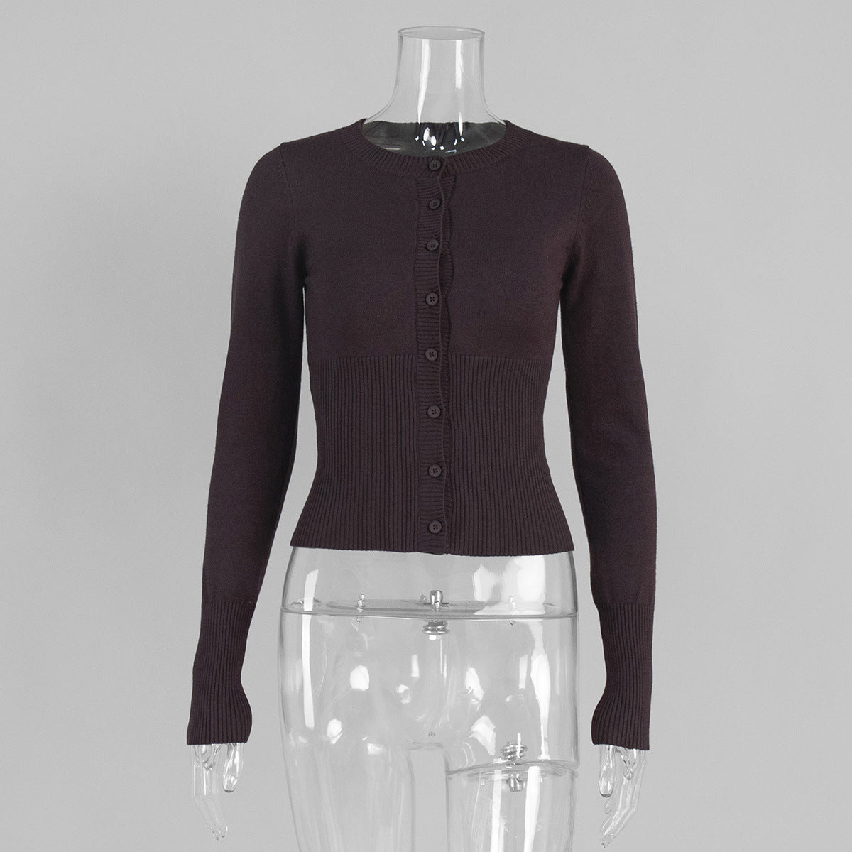 Fitted Cropped Ribbed Knit Cardigan in Espresso — front view