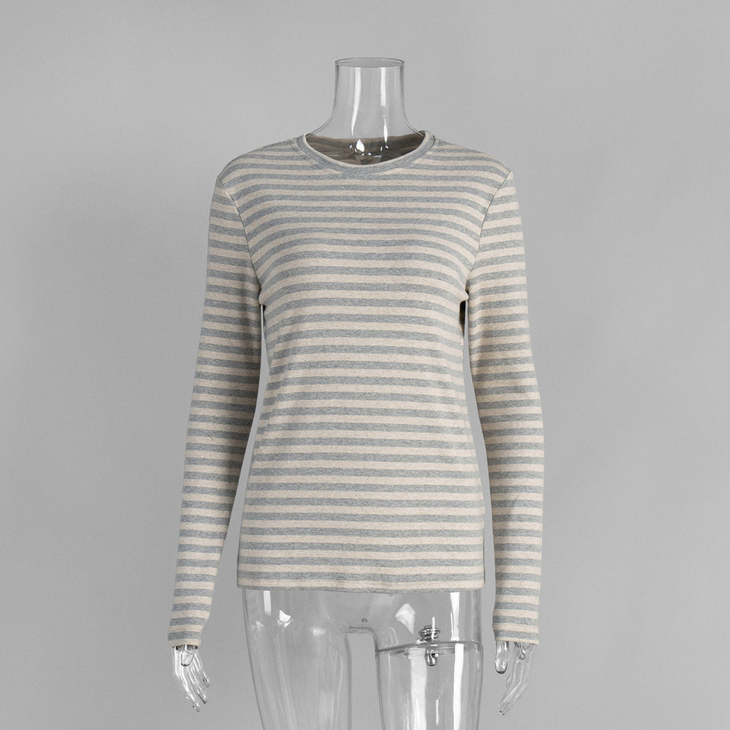 Striped Cotton Crew Neck Long Sleeve Tee in Gray Stripe — front view