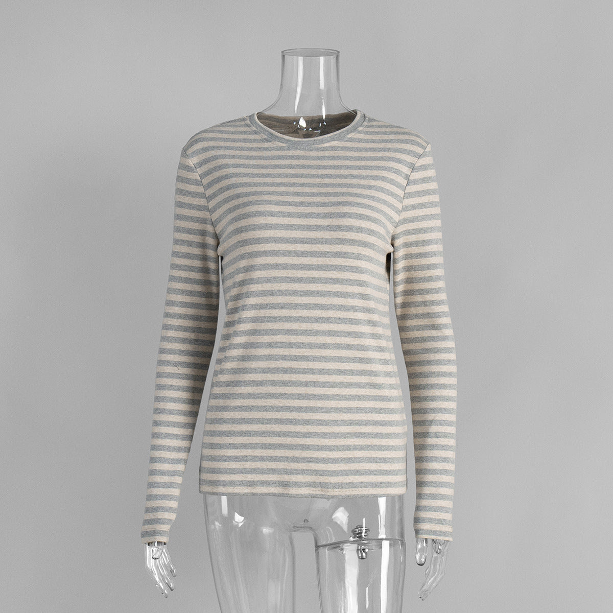 Striped Cotton Crew Neck Long Sleeve Tee in Gray Stripe — front view
