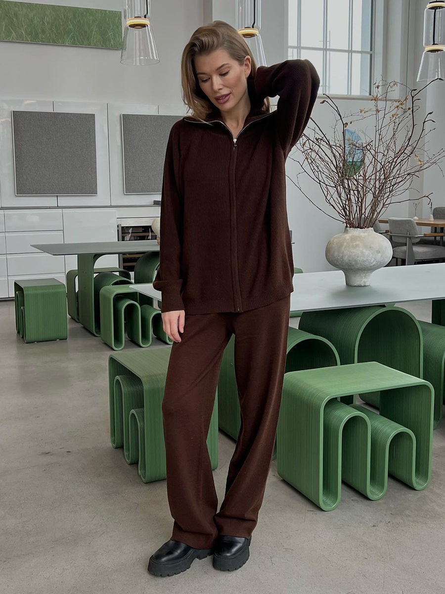 Wide-Collar Zip-Up Knit Cardigan & Wide-Leg Pants Set in Chocolate — full-length view on model