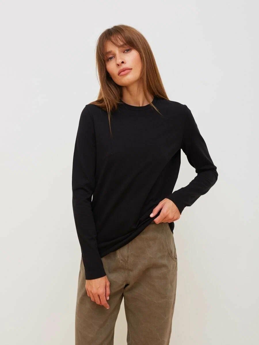 Everyday Cotton Crew Neck Long Sleeve Tee in Black — on model