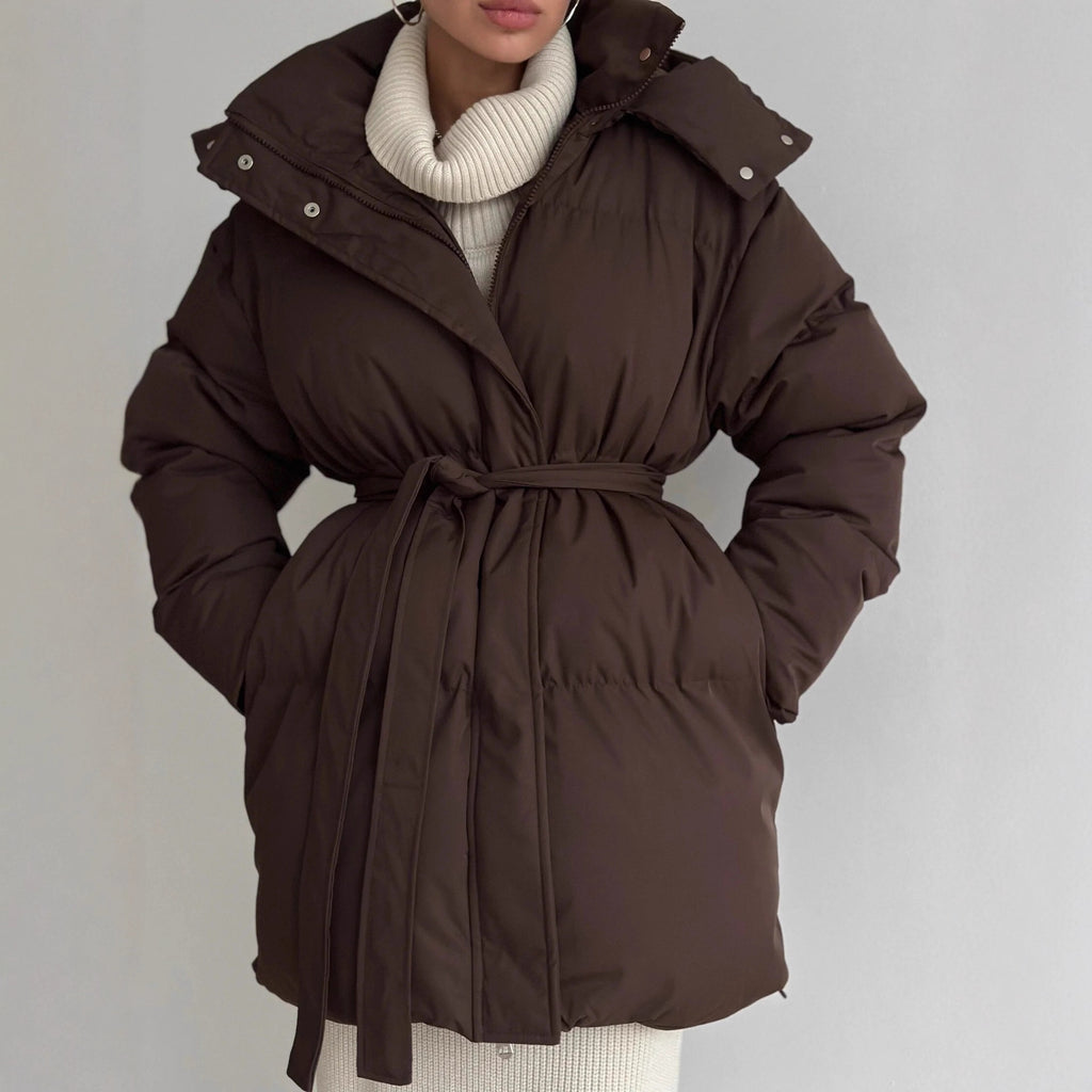 Belted Hooded Puffer Jacket with Zip Front in Espresso Brown — closer front view showing the belt and fastening