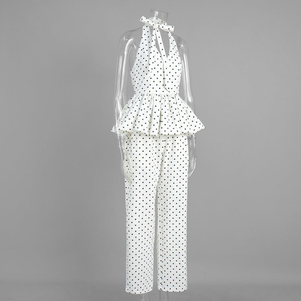 Polka Dot Halter Peplum & Wide-Leg Set in White Dot — front view on mannequin
