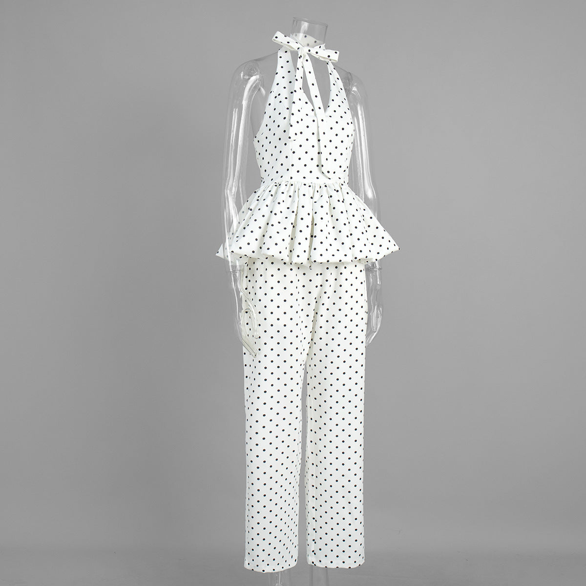 Polka Dot Halter Peplum & Wide-Leg Set in White Dot — front view on mannequin