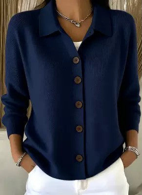 Collared Button-Front Knit Cardigan in Navy — front view on model