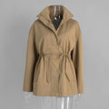 Cotton Drawstring Waist Jacket with Stand Collar in Khaki — front view