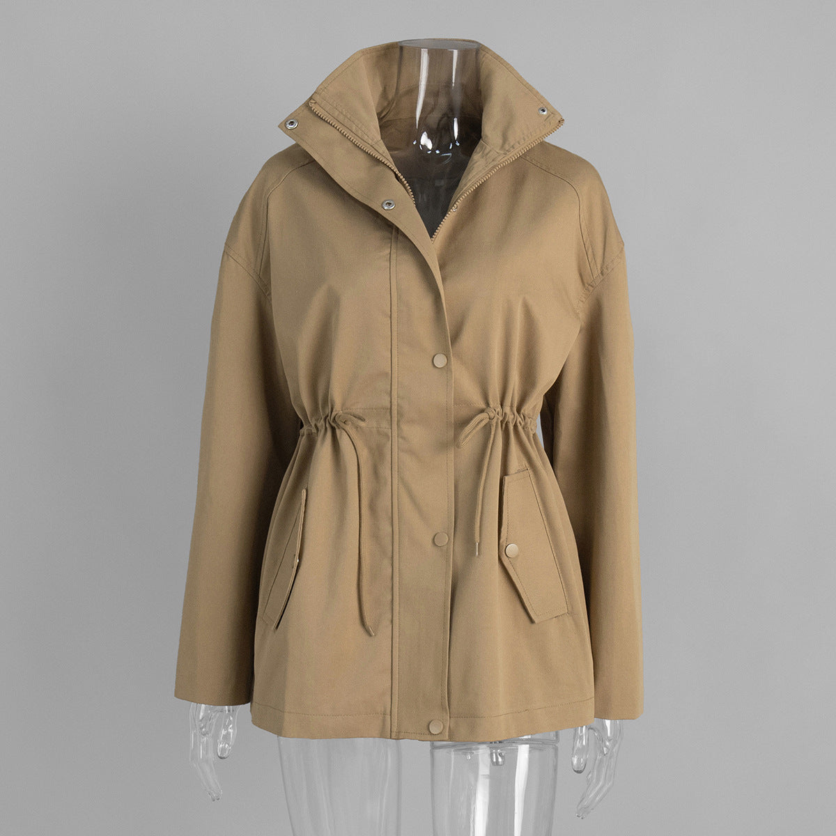 Cotton Drawstring Waist Jacket with Stand Collar in Khaki — front view