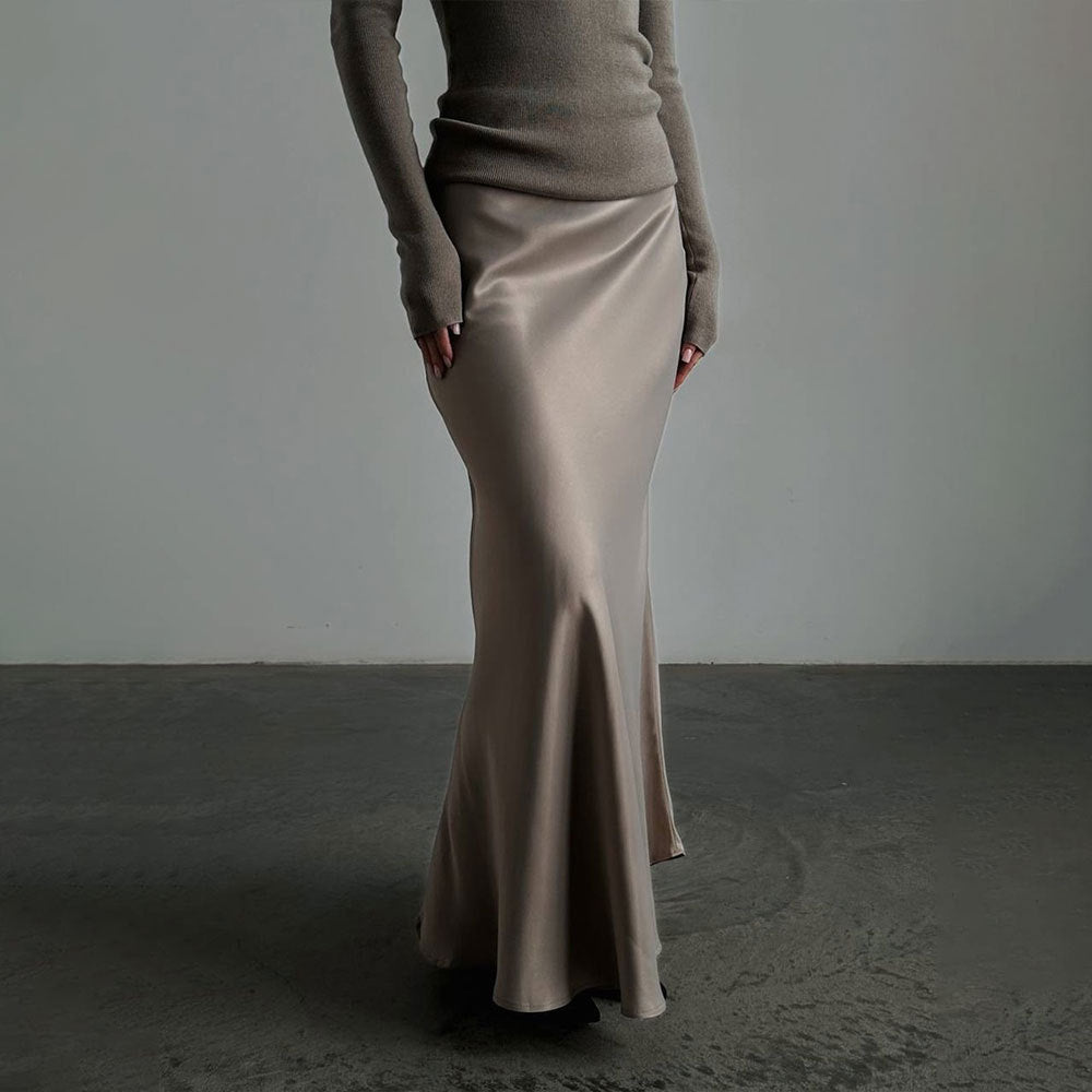 Satin Fishtail Maxi Skirt in Champagne Taupe — front view on model