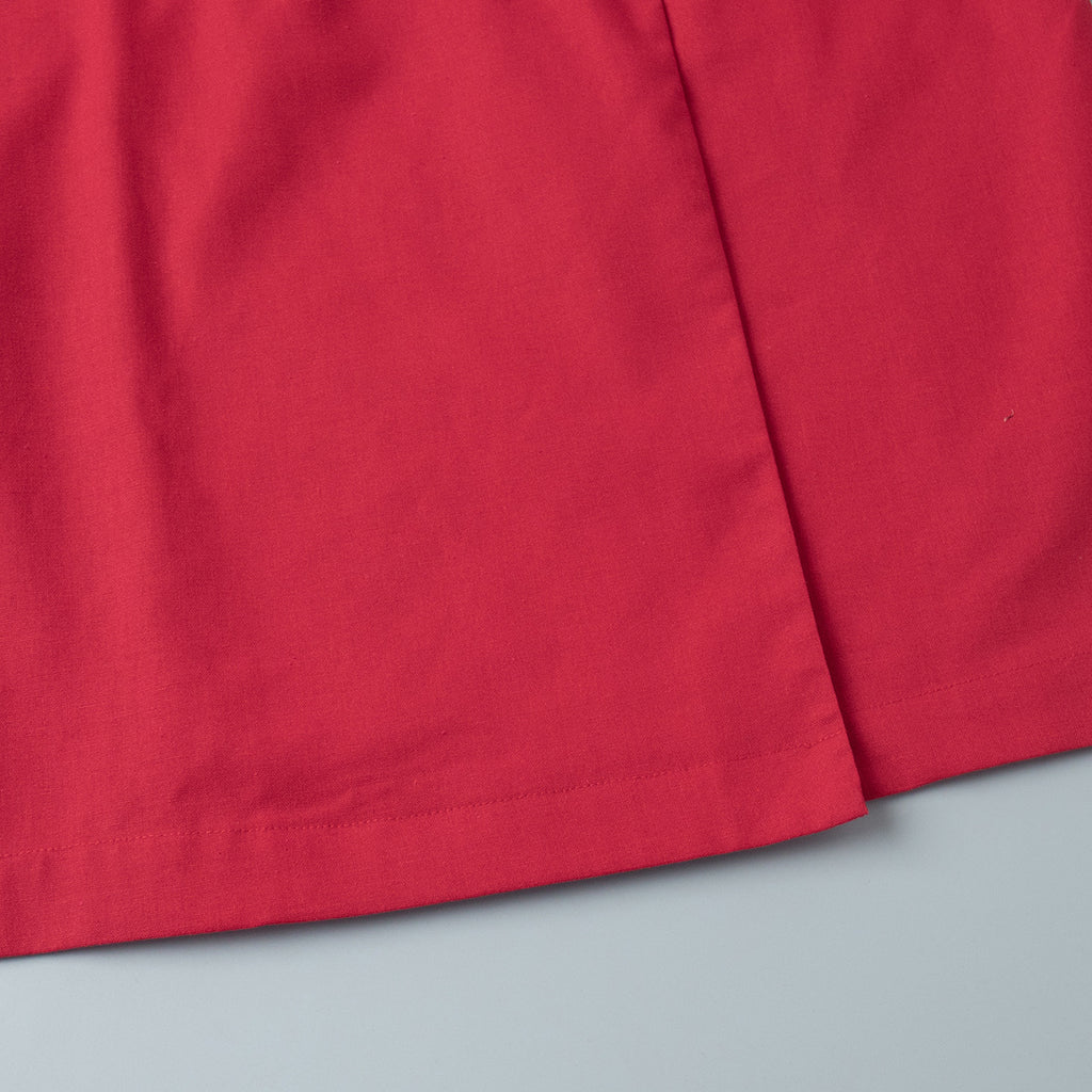 Linen-Blend Long Wrap Duster Dress in Cherry Red — close-up of the side slit