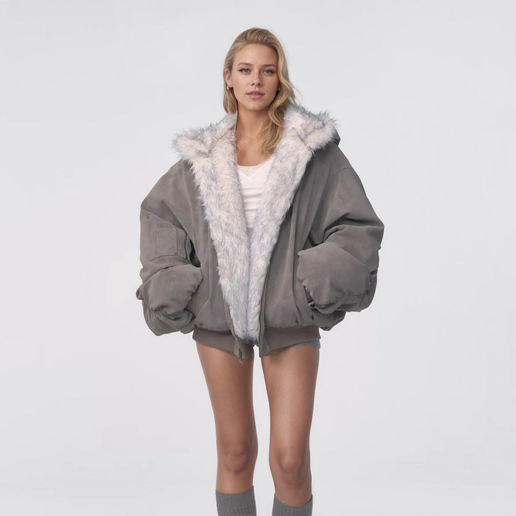 Reversible Faux Fur Hooded Jacket with Suede-Look Shell in Gray — front view on model, suede-look side out with faux fur lining