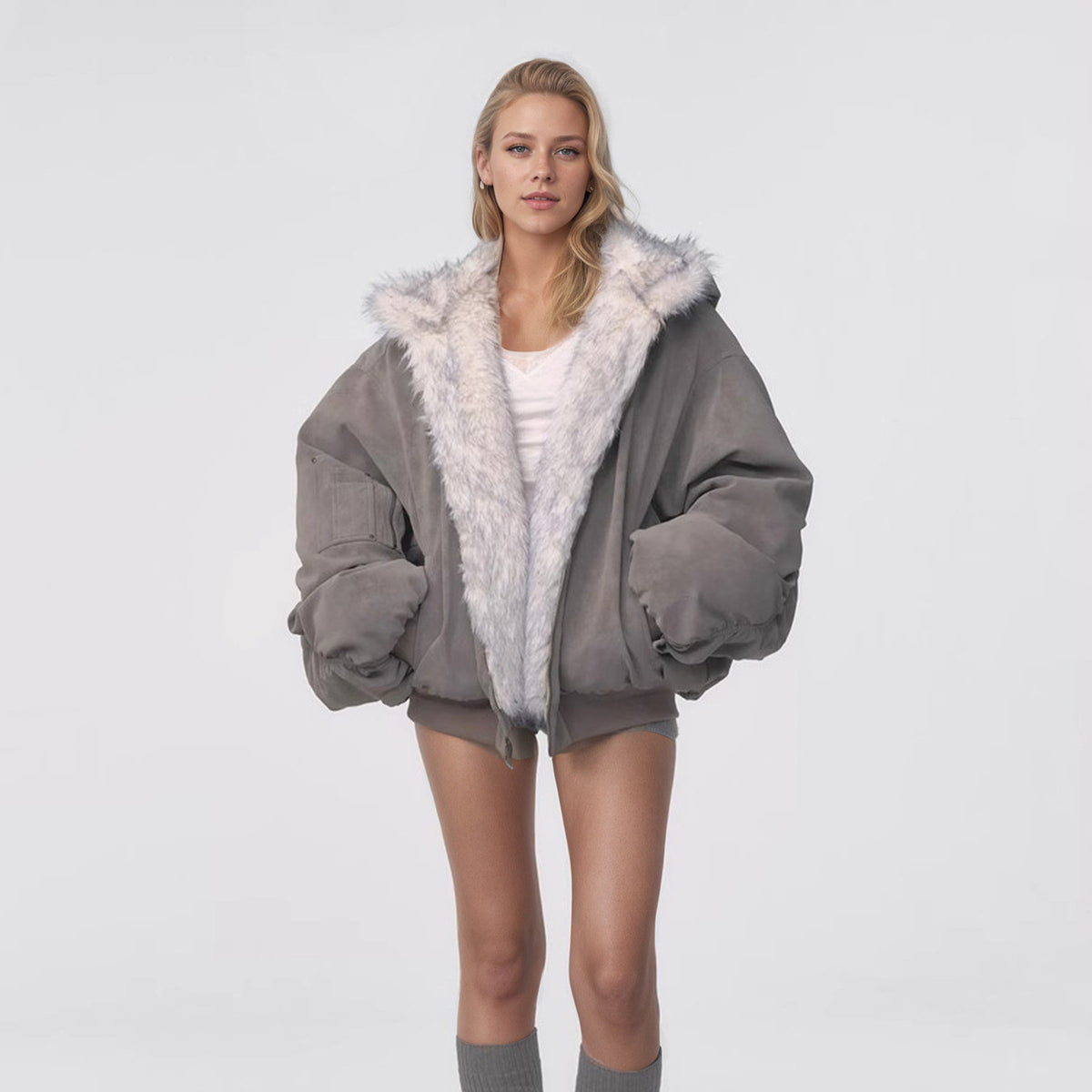 Reversible Faux Fur Hooded Jacket with Suede-Look Shell in Gray — front view on model, suede-look side out with faux fur lining