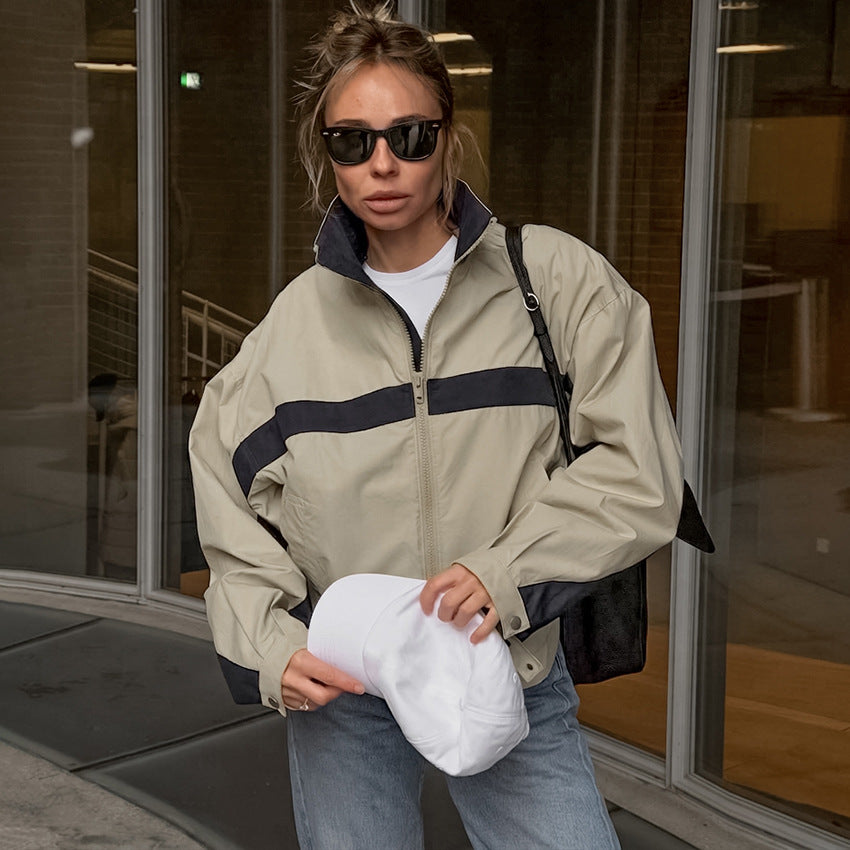 Contrast-Stripe Stand-Collar Track Jacket in Stone — on model with jeans