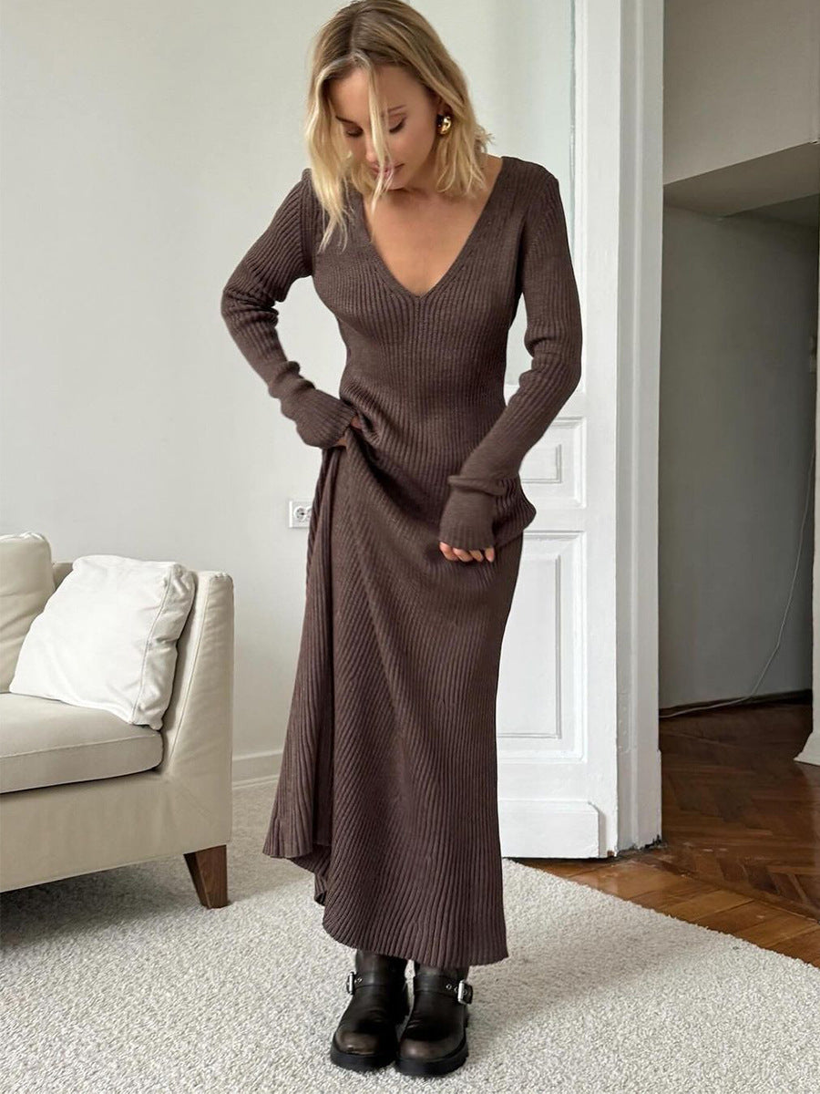 Ribbed Knit V-Neck Long Sleeve Maxi Dress in Chocolate — front view on model, full length