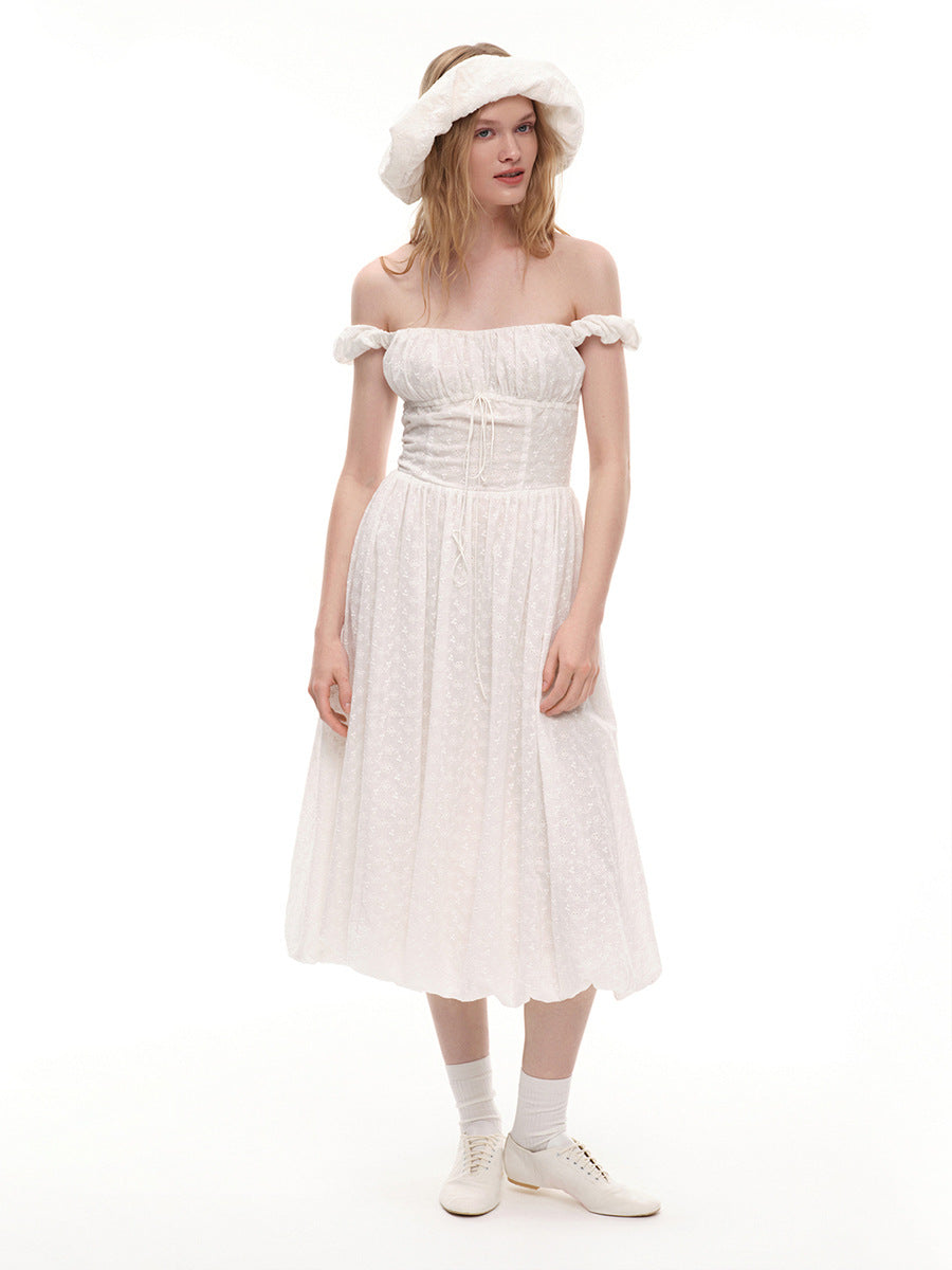 Eyelet Cotton Off-Shoulder Midi Dress in Ivory Eyelet — front view on model, studio