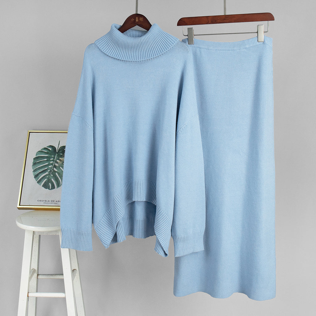 Oversized Turtleneck Sweater & Knit Maxi Skirt Set in Powder Blue — set on hanger