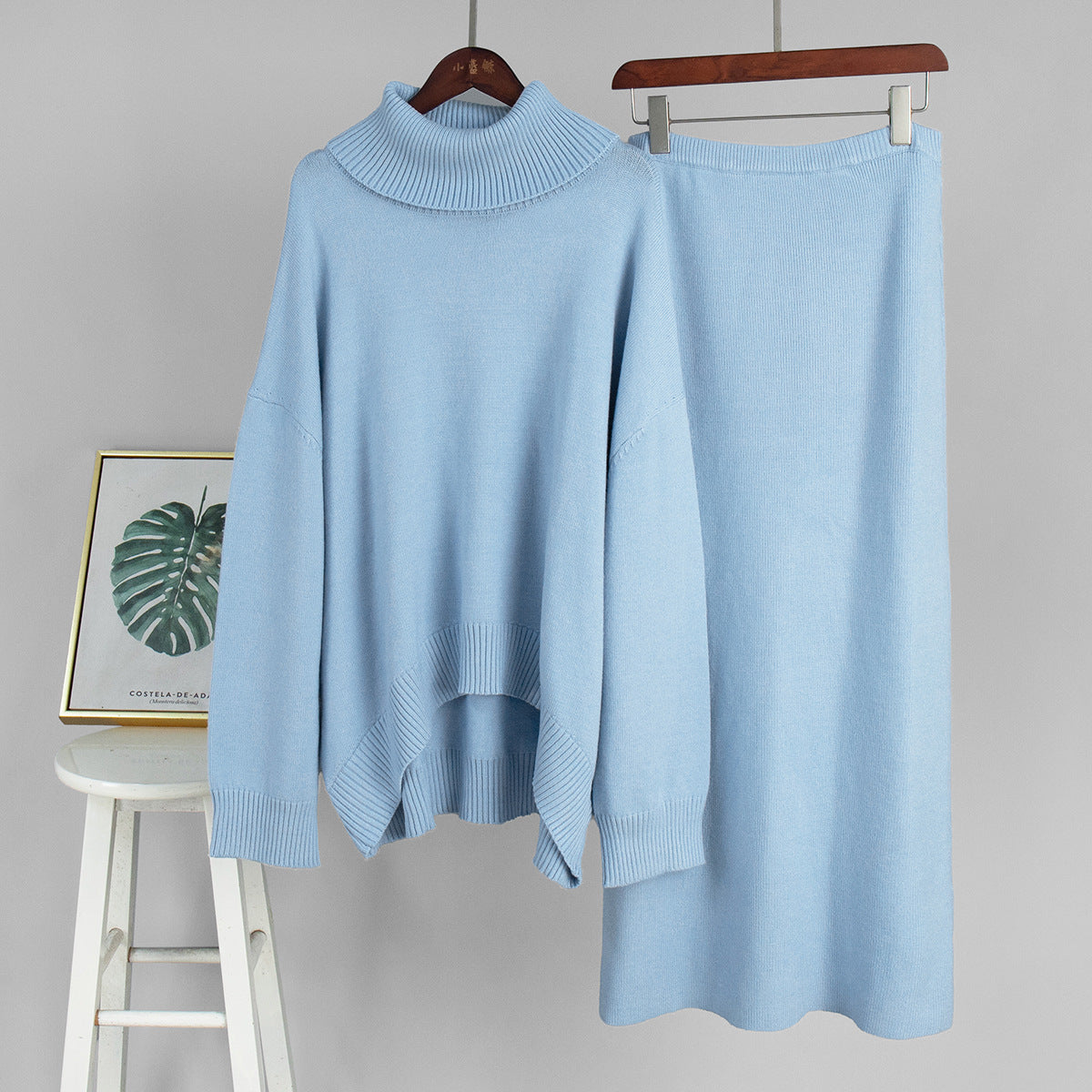 Oversized Turtleneck Sweater & Knit Maxi Skirt Set in Powder Blue — set on hanger
