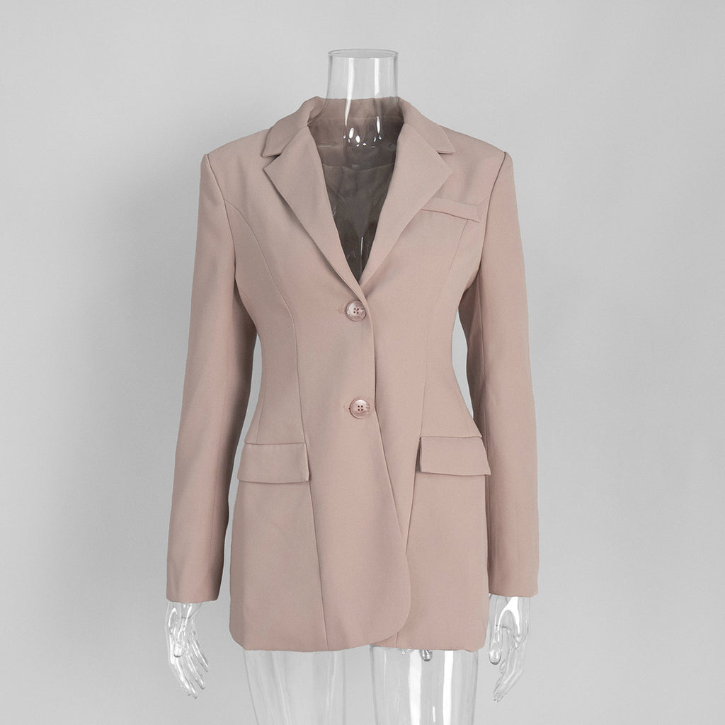Tailored Two-Button Blazer with Cinched Waist in Rose Beige — front view