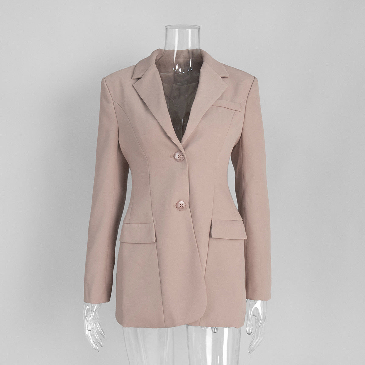 Tailored Two-Button Blazer with Cinched Waist in Rose Beige — front view