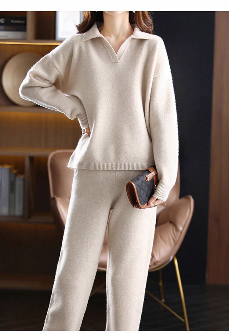 Collared Knit Sweater and Wide-Leg Pants Set in Ivory — front view on model or garment