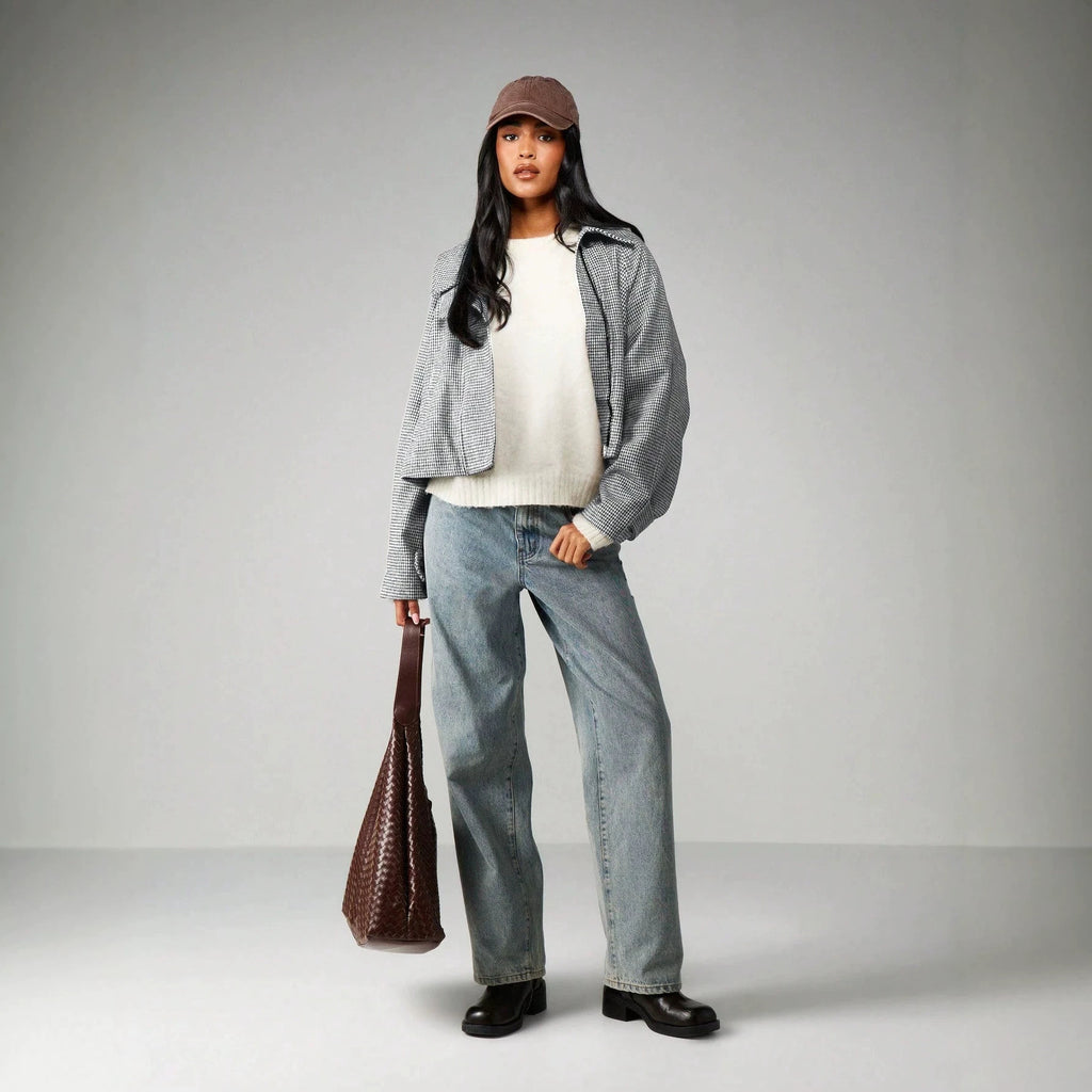 Cropped Houndstooth Jacket with Buttoned High Collar in Gray Houndstooth — full-length view on model with jeans