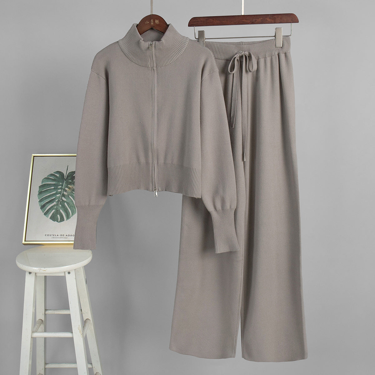 Knit Zip-Up Jacket & Wide-Leg Pants Two-Piece Set in Taupe — front view