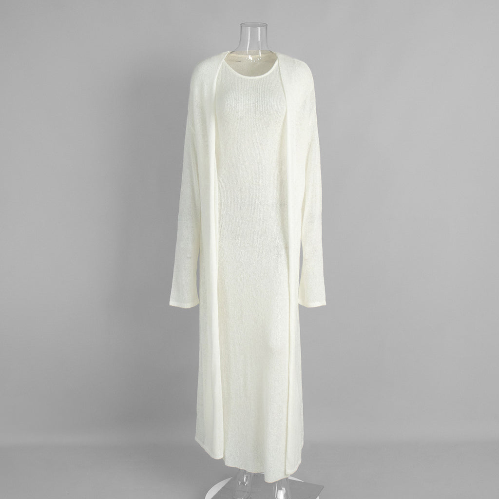 Airy Knit Long Cardigan & Sleeveless Maxi Dress Set in Ivory — cardigan on its own