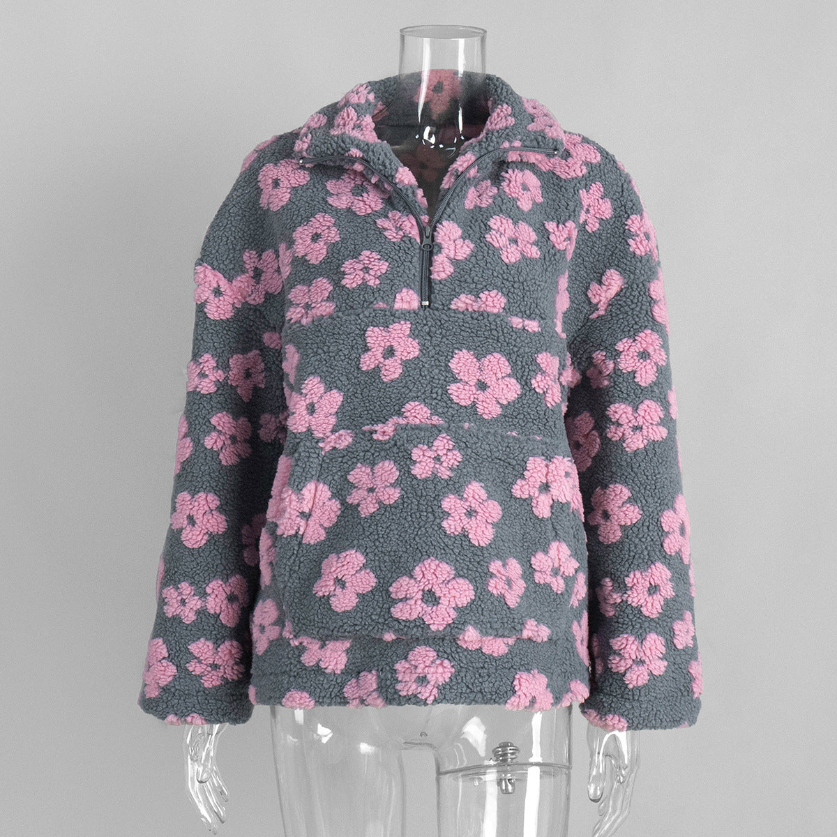 Floral Fleece Half-Zip Pullover Sweatshirt in Charcoal Pink Floral — front view