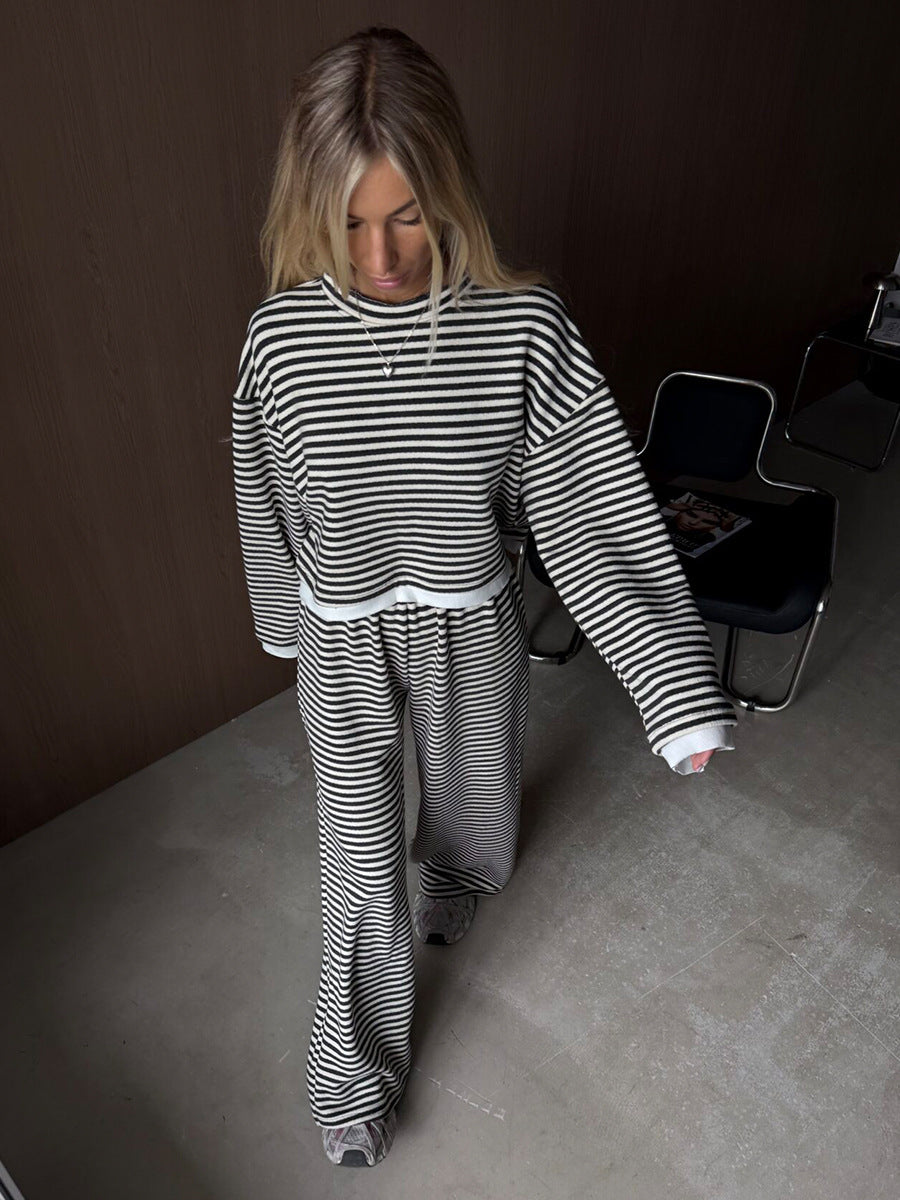 Striped Cropped Top & Wide-Leg Pants Lounge Set in Black & White Stripe — full-length view on model