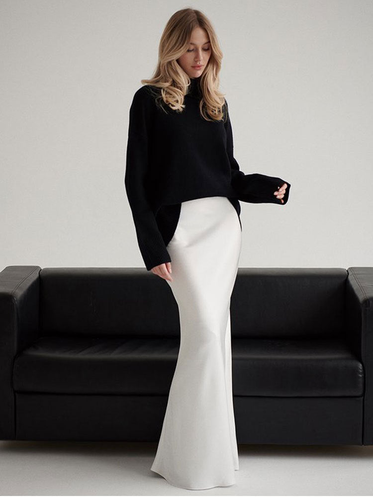 Satin Fishtail Maxi Skirt in White — on model