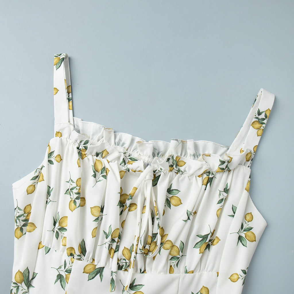 Printed Tie-Strap Maxi Dress with Side Slit in Lemon Print — close-up of the print