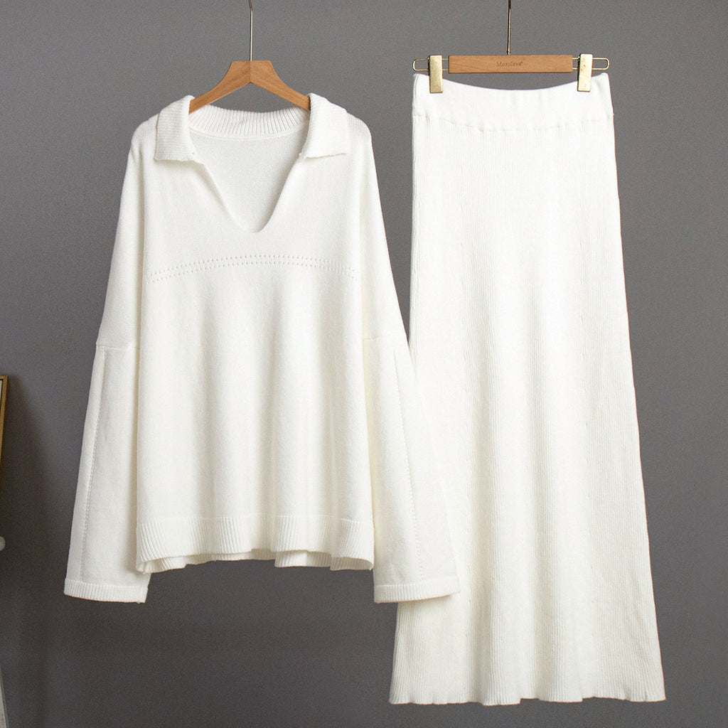 Oversized Collared V-Neck Sweater & Knit Maxi Skirt Set in White — set on hanger