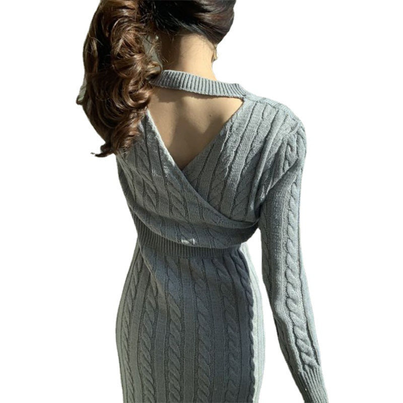 Two-Way Cable-Knit Midi Sweater Dress in Blue Gray — back view, V-neck worn at the back