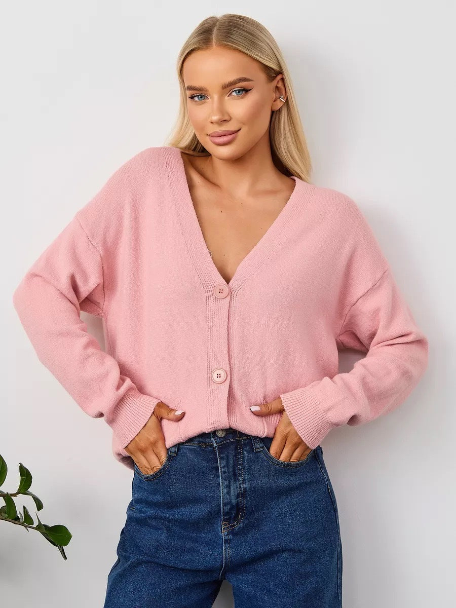 V-Neck Button Cardigan with Patch Pockets in Pink — front view on model with jeans