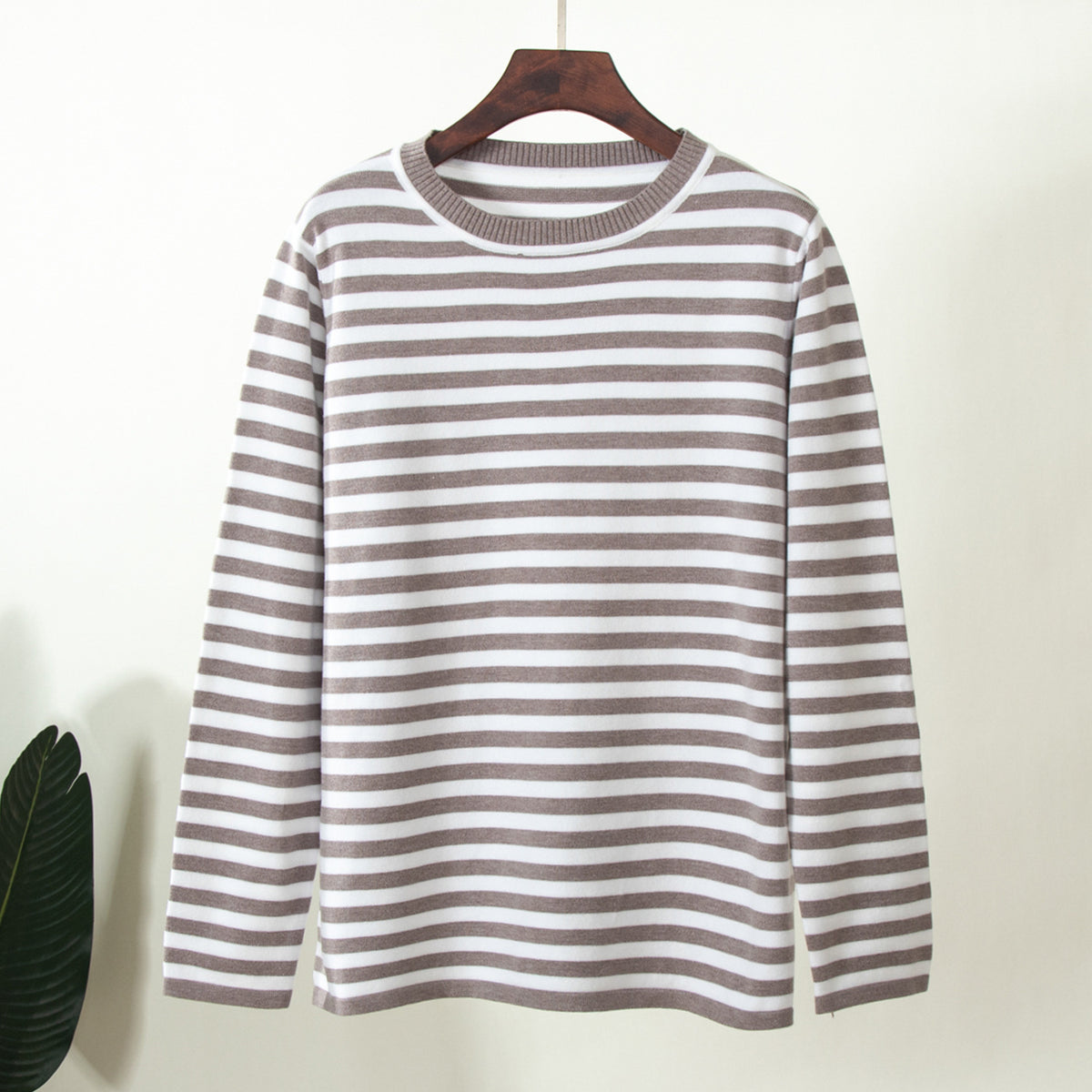 Relaxed Striped Crew Neck Sweater in Mocha Stripe — front view
