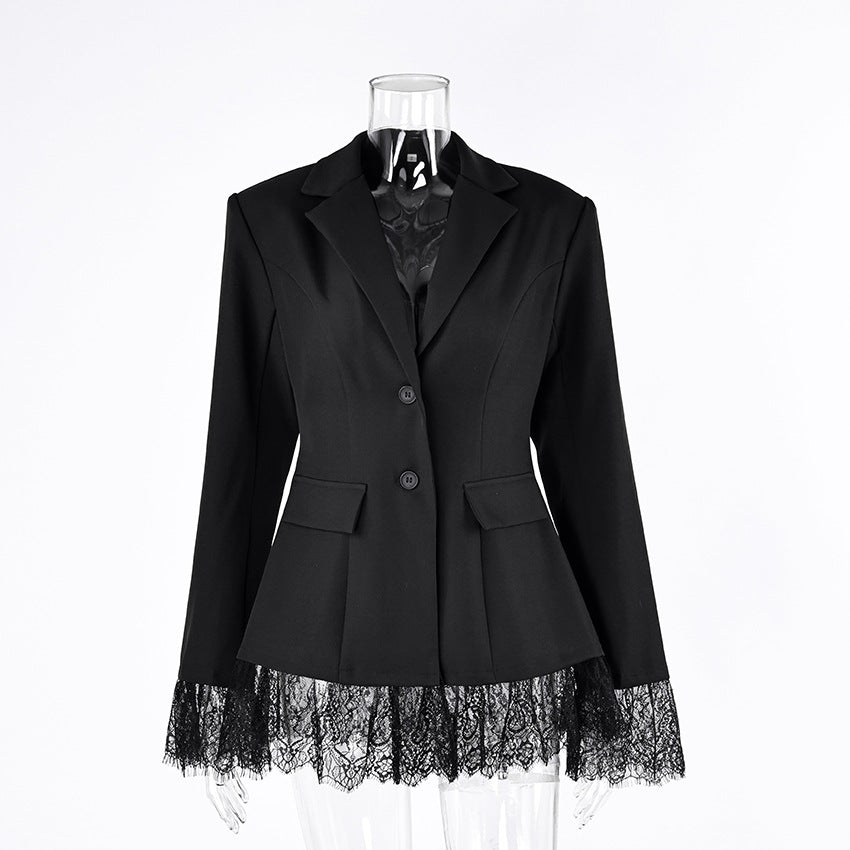 Fitted Blazer with Lace-Trimmed Hem and Cuffs in Black — front view on mannequin