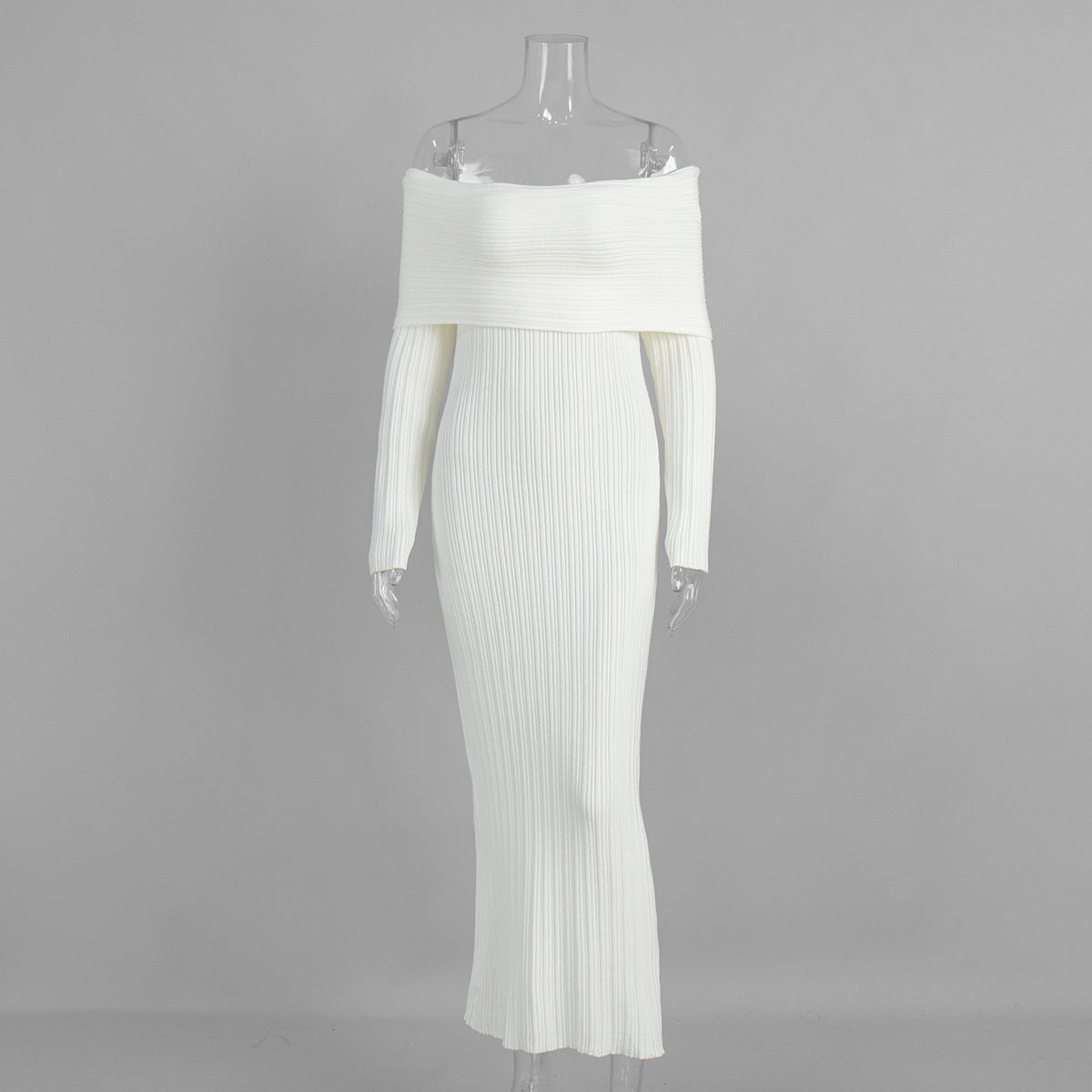 Off-Shoulder Fold-Over Collar Ribbed Knit Maxi Dress in Ivory — dress front view