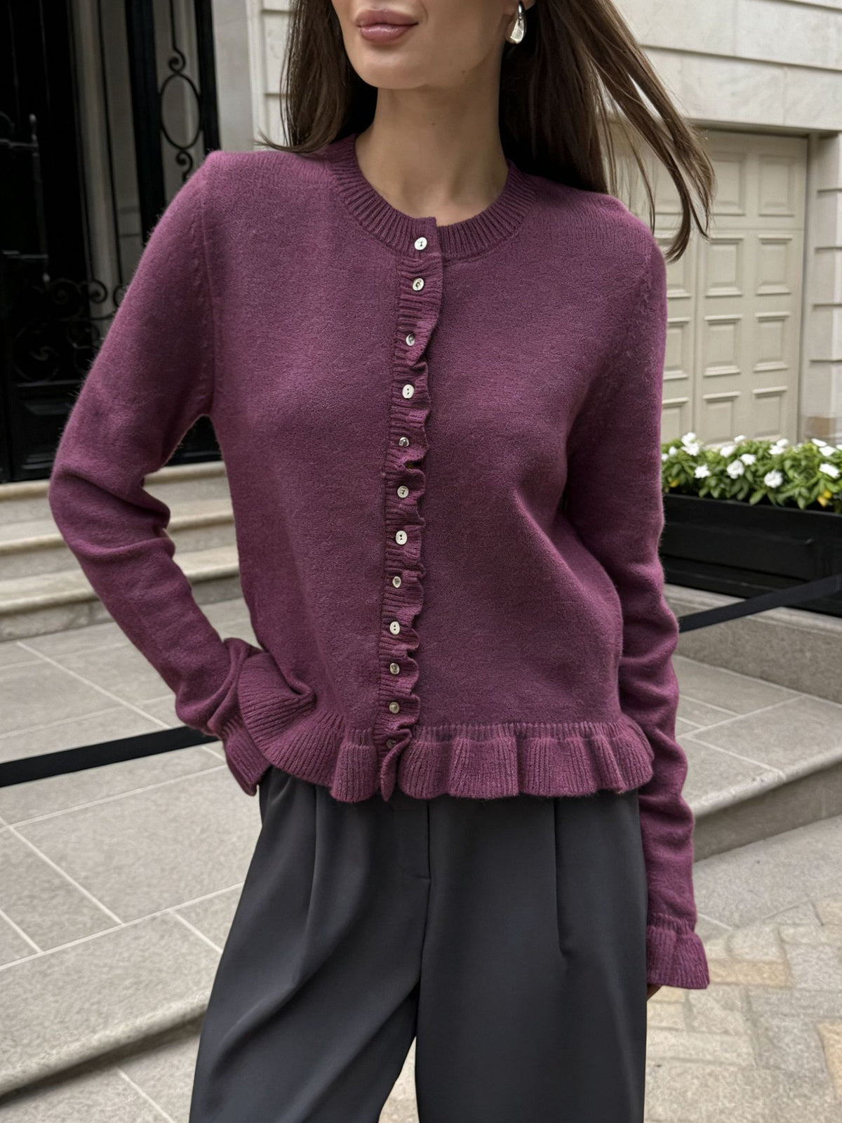 Ruffle-Trim Button-Front Knit Cardigan in Wine — front view on model