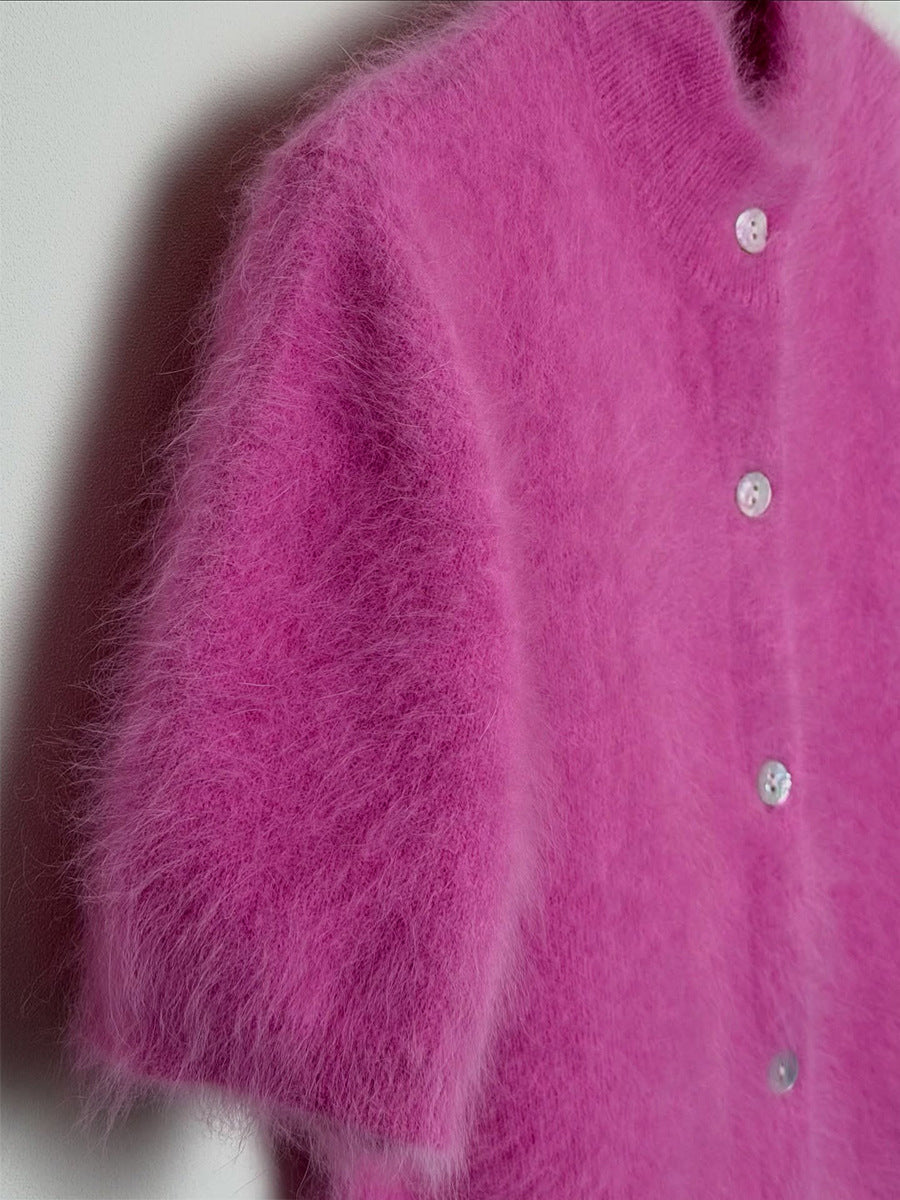 Fuzzy Knit Short Sleeve Cardigan with Mock Neck in Magenta — front view