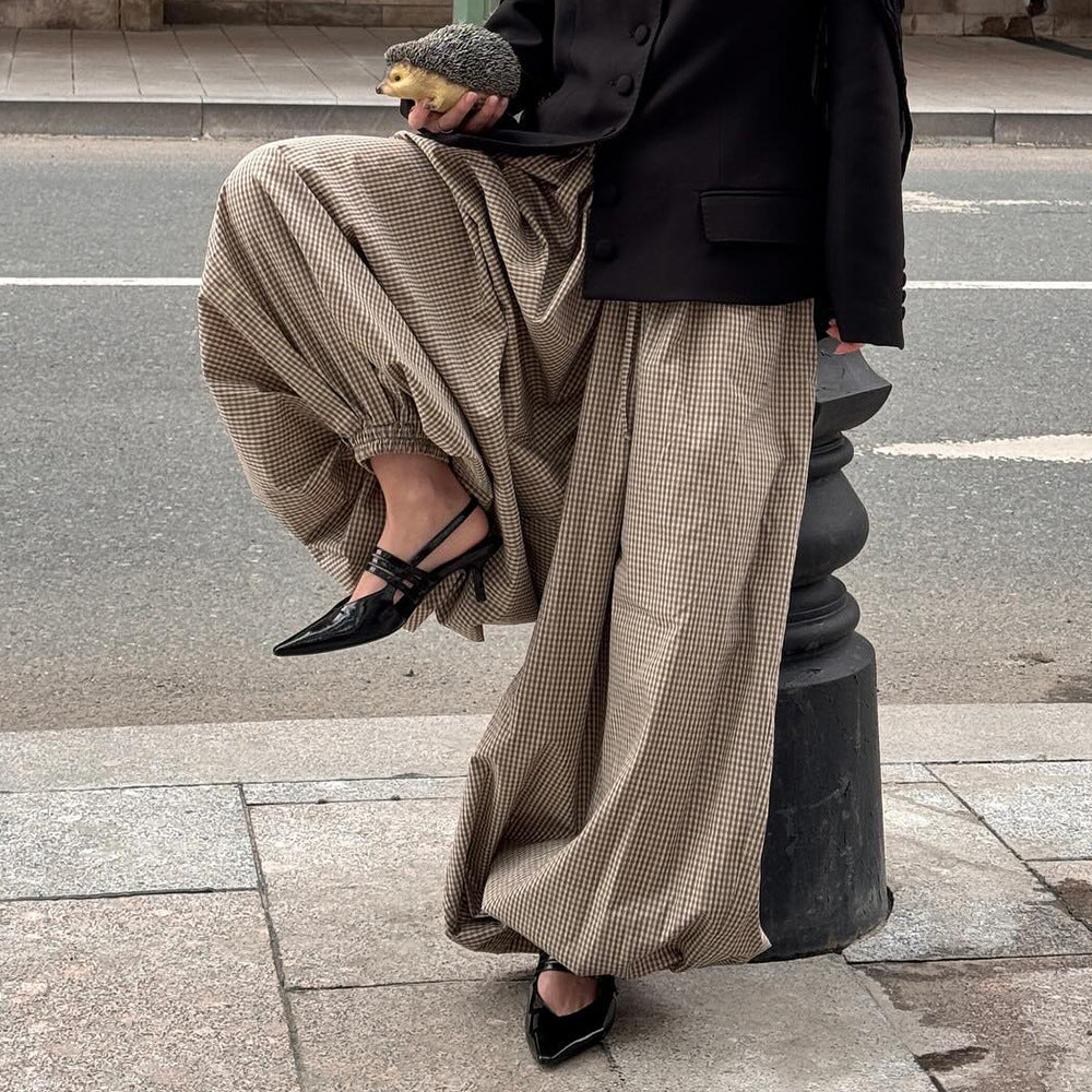 Cotton-Rayon Check Balloon Harem Pants in Khaki Check — walking view on model